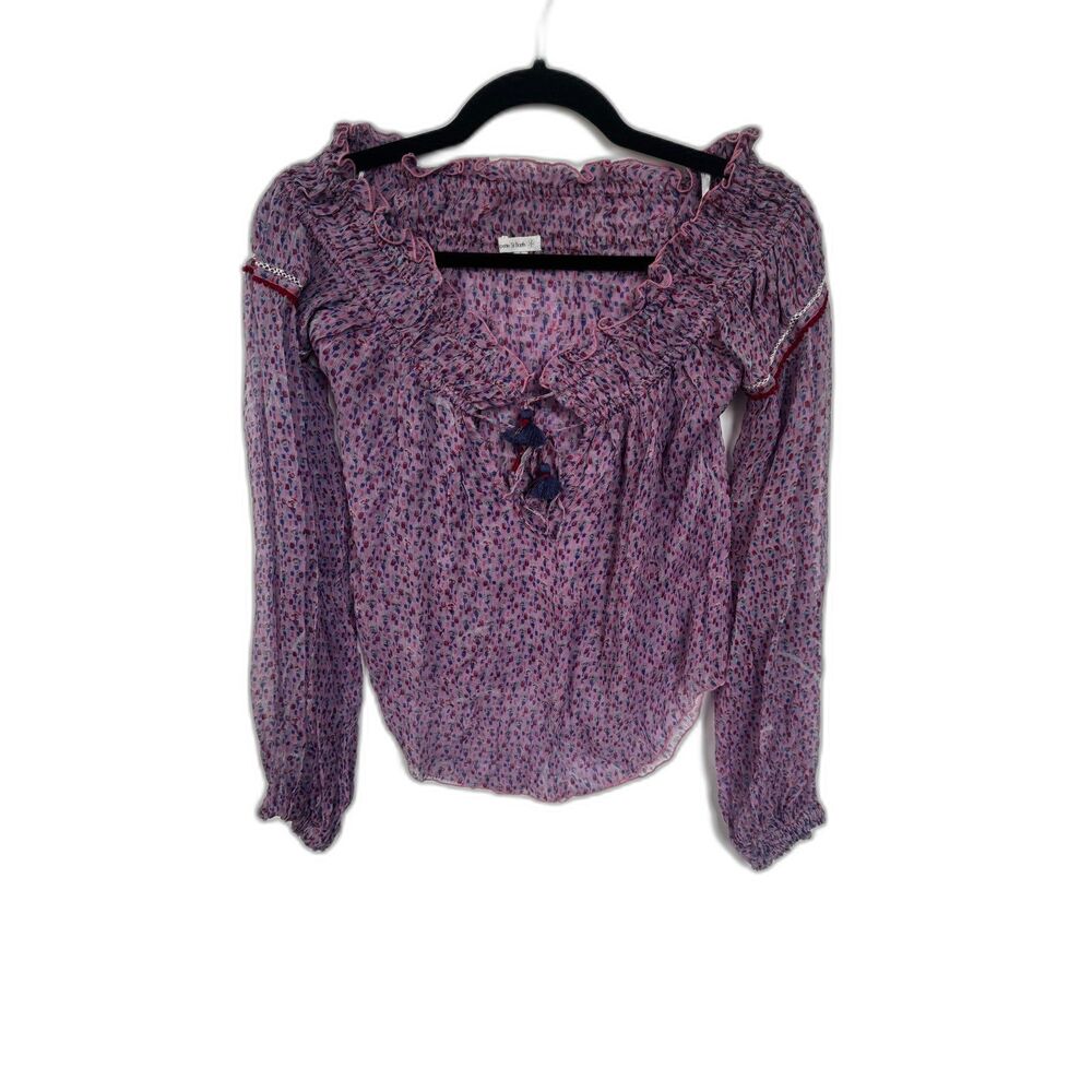 Poupette St Barts Top Blouse Silk purple tassles boho resort tropical Small